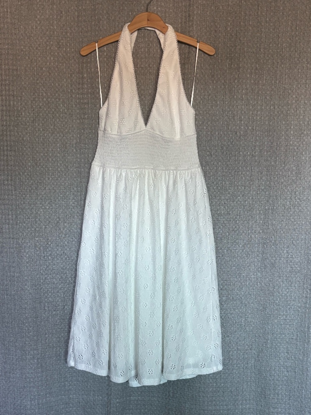 Haute Monde White Eyelet Halter Midi Dress Smocked Waist Size L